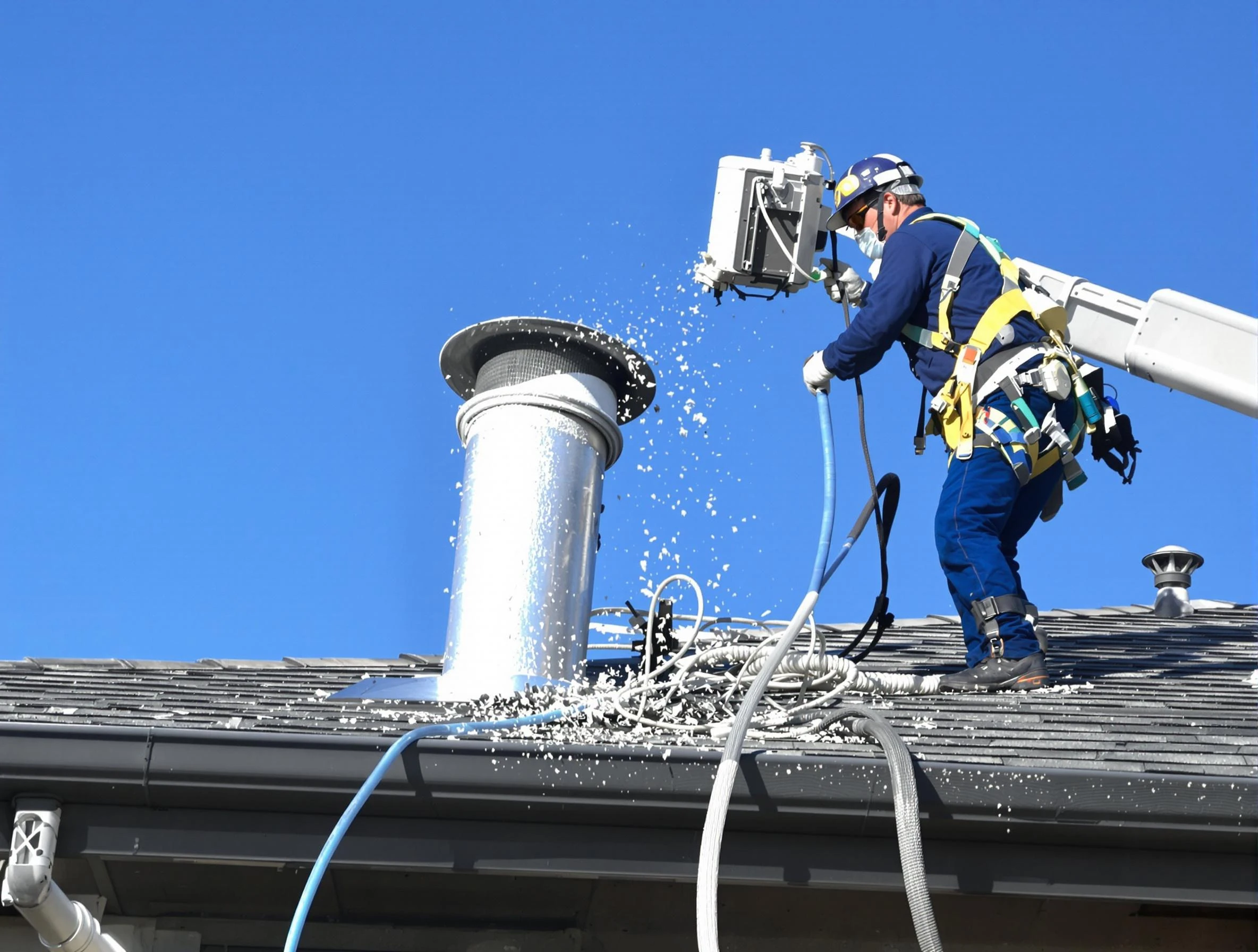 Shaler Dryer Vent Cleaning certified technician safely cleaning a roof-mounted dryer vent in Shaler